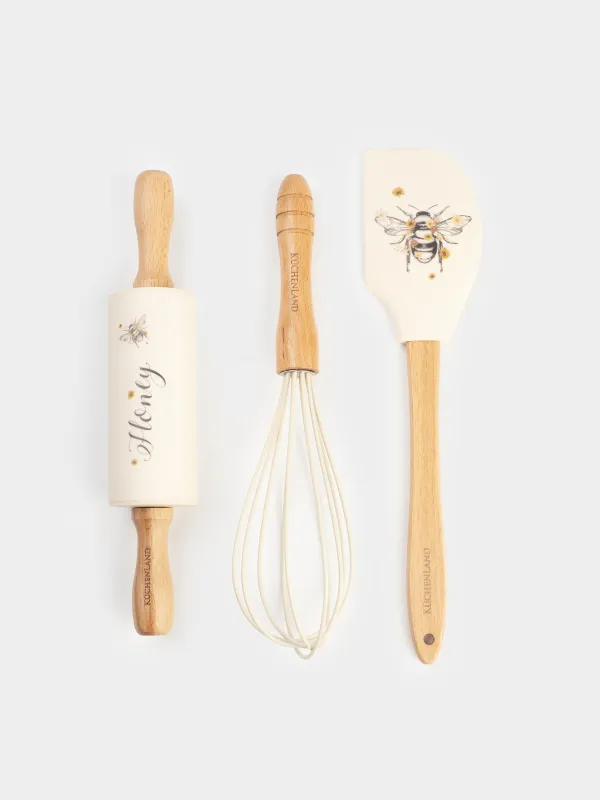 Пісіру жинағы, 3 зат, шпатель/шайқау/илектеу түйреуіш, силикон/ағаш, сарғылт, Түкті ара, Honey, image-0