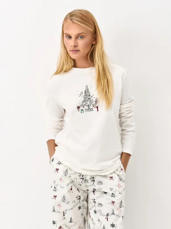 Әйелдерге арналған лонгслив, үйге арналған, өлшемі S, мақта, сүт түстес, Жаңа жылдық өрнек, Ransina, image-3