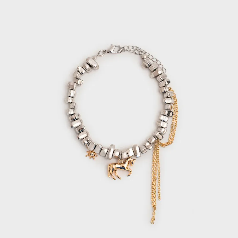 Білезік, 16 см, аспалары бар, металл, күміс-алтын, Жылқы, Jewelry horse