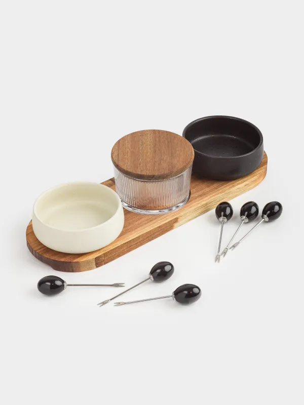 Тіскебасарларға арналған жиынтық, 3 зат, тұғырда, таяқшалары бар, керамика/ағаш, ақ-қара, Noble tree, image-0