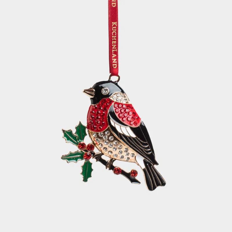 Шырша ойыншығы, 8 см, металл/страздар, жасыл және қызыл, Бұтақтағы суықторғай, Figure christmas