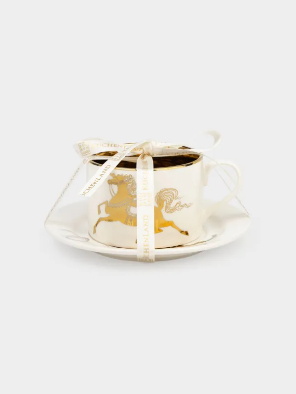 Шай жұбы, 1 адам, 2 зат, 220 мл, фарфор N, ақ-алтын, Жылқы, Horse gold, image-5
