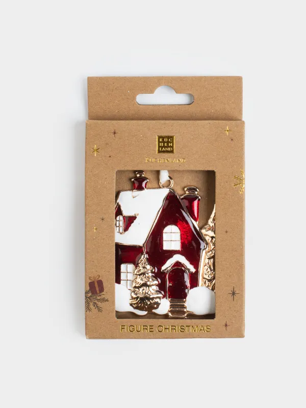 Игрушка елочная, 8 см, металл, золотисто-красная, Заснеженный дом, Figure christmas, image-3