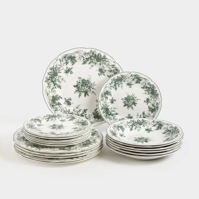 Ас сервизі, 6 адам, 18 зат, фарфор N, ақ-жасыл, Қысқы гүл шоқтары, Winter lace