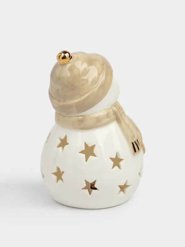 Светильник декоративный, 13 см, фарфор P, бело-бежевый, Снеговик в шапке и шарфе, Snowy, image-1
