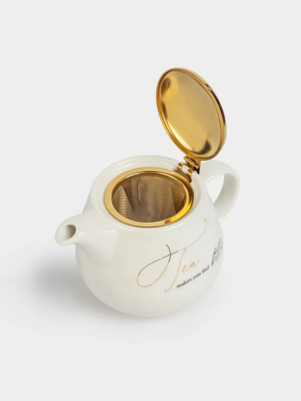 Чайник заварочный, 500 мл, фарфор P/сталь, молочно-золотистый, Мятый эффект, Crumple kitchen, image-2
