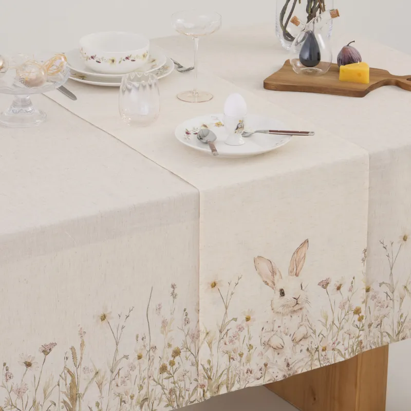 Дорожка настольная, 40х160 см, полиэстер/лен, бежевая, Кролик в цветах, Bunny in flowers