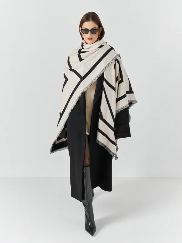 Пончо, 130х160 см, шашағы бар, екі жақты, вискоза/полиэстер, сүт түстес қара, Poncho, image-10