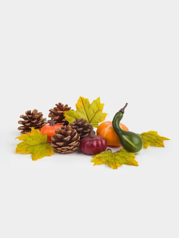 Декоративтік жиынтық, 13х30 см, торда, пенопласт, Шырша бүршіктері мен жапырақтары бар асқабақтар, Autumn fusion, image-1