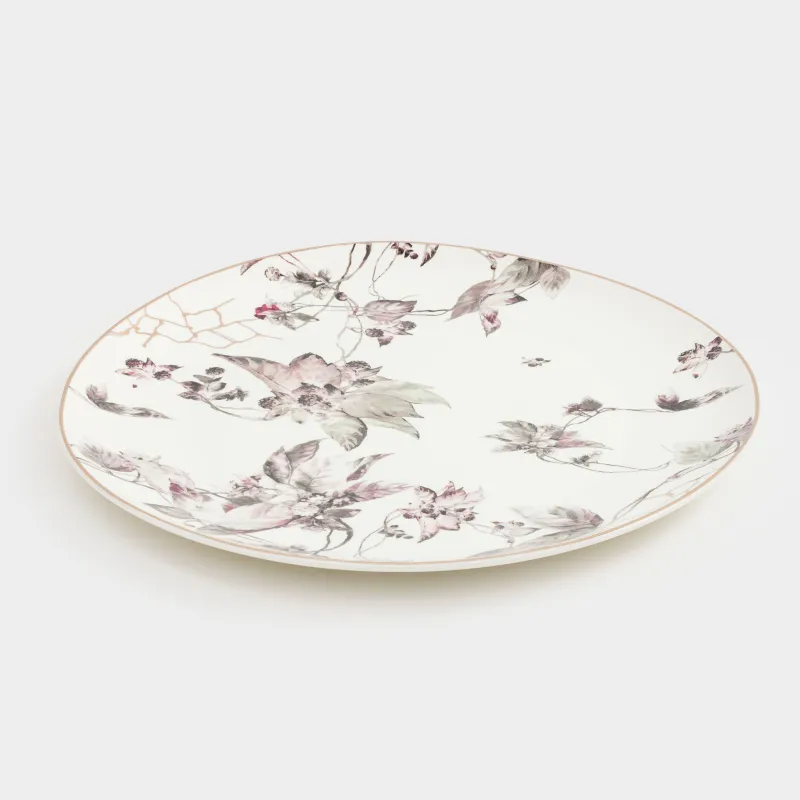 Тіскебасар тәрелкесі, 28 см, фарфор N, ақ, алтын жиектері бар, Гүлденген бақ, Нуар гүлі, image-1