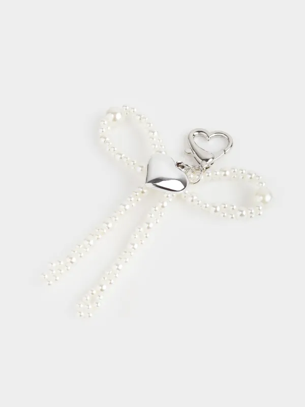 Брелок, 9 см, акрил/металл, серебристый, Сердце и бусины, Pearl heart, image-1