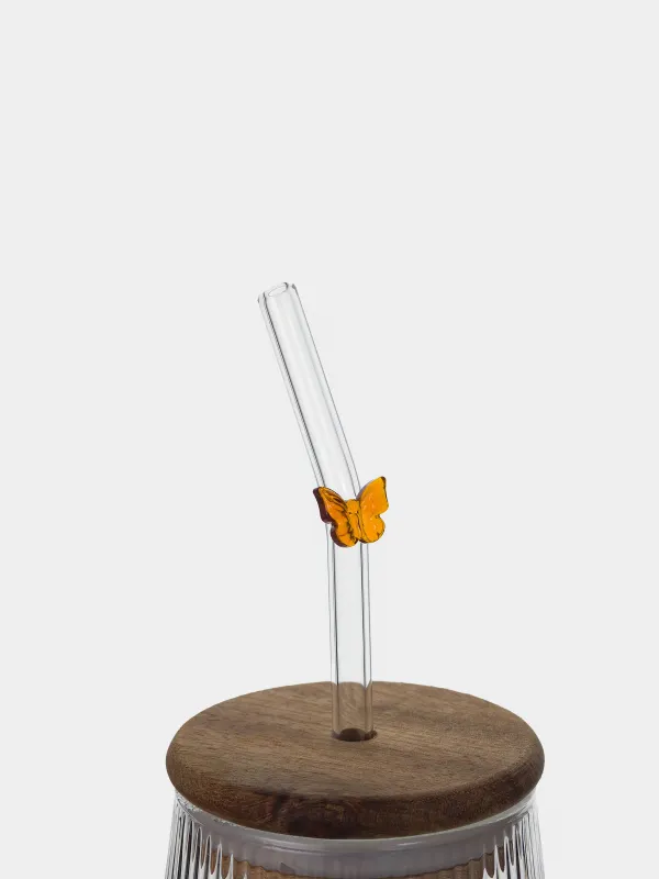 Банка для напитков, 440 мл, с трубочкой, Бабочка, Ribby wood, image-3