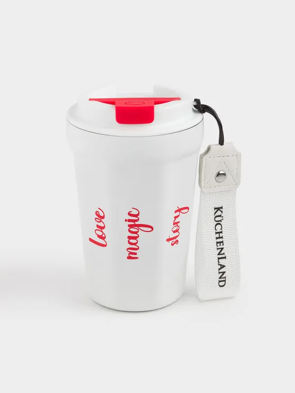 Термосаптыаяқ, 350 мл, бауы бар, болат/пластик/тоқыма, ақ және қызыл, Story, image-0