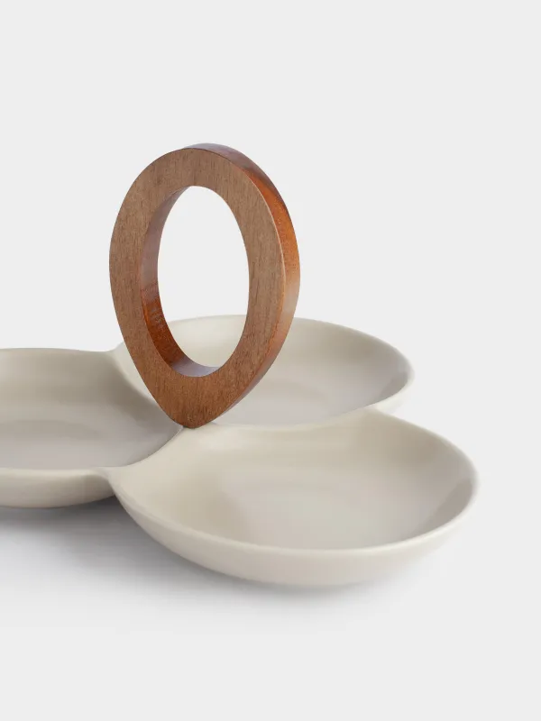 Менажница, с декором, 24 см, 3 отд, с ручкой, фарфор P/дерево, молочная, Ceramo noble, image-1