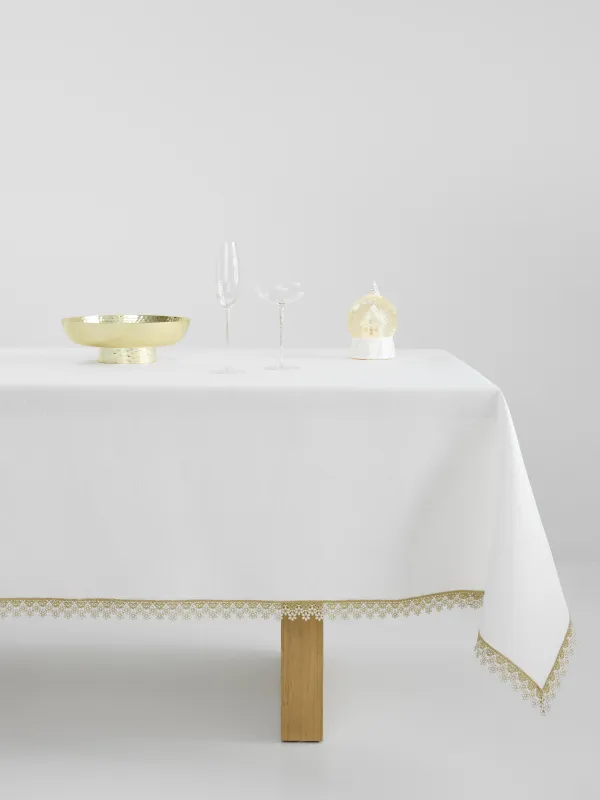 Дастархан, 160х160 см, полиэстер, ақ, Гүлді шілтер, Flower lace gold, image-4