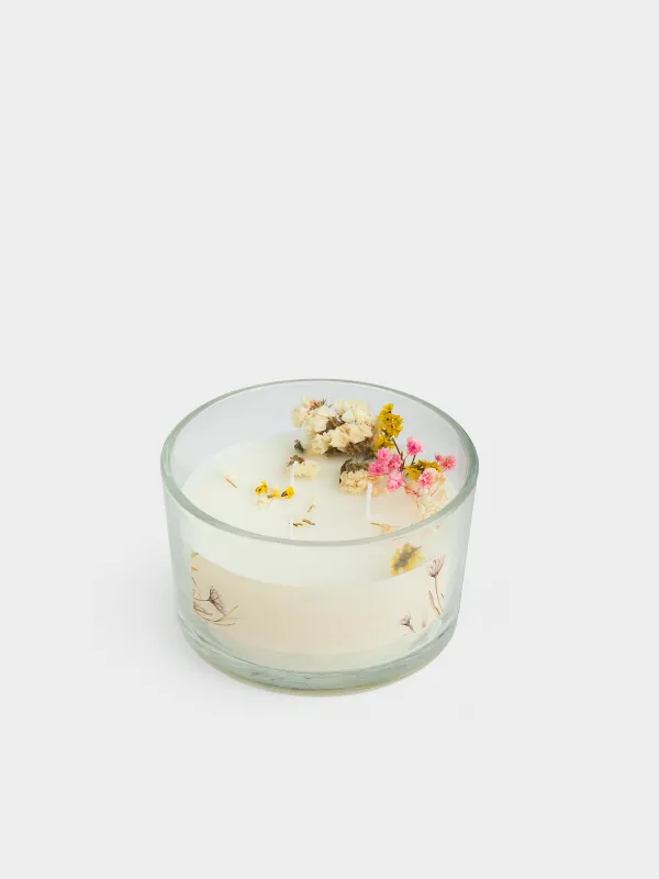 Хош иісті шам, 10 см, үш фитиль, шам ұстағышта, орайоттар бар, Хош иіс, Balmy summer, image-1