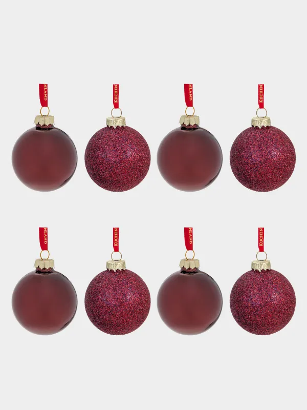 Шырша ойыншықтарының жиынтығы, 4 см, 8 дана, шыны, жылтырақтары бар, қою қызыл, Шар, Ball sparkle, image-0