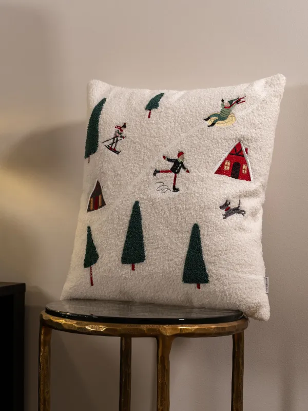 Сәндік жастық, 45х45 см, шерпа, сүт түстес, Қысқы қызықтар, Қарлы үйлер, image-3