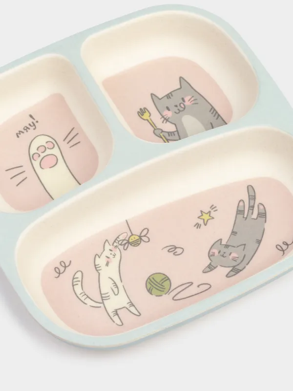 Түскі ас тәрелкесі, балаларға арналған, 18 см, 3 бөлік, бамбук, Мамыргүл-көк, Мысықтар, Pretty friends, image-1