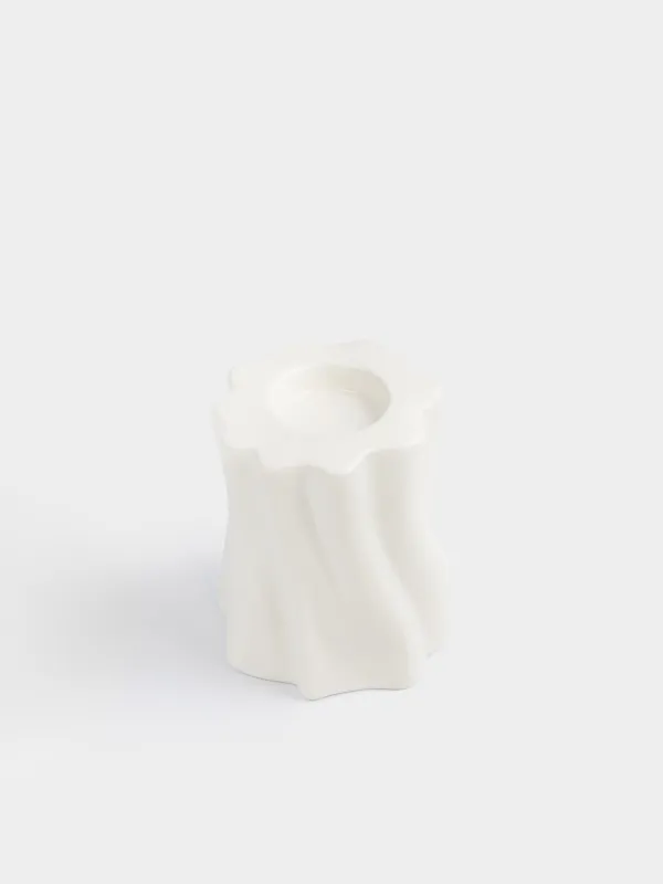 Шам ұстағыш, 10 см, шай шамына арналған, керамика, сүт түстес, Толқынды жиек, Crumple, image-1