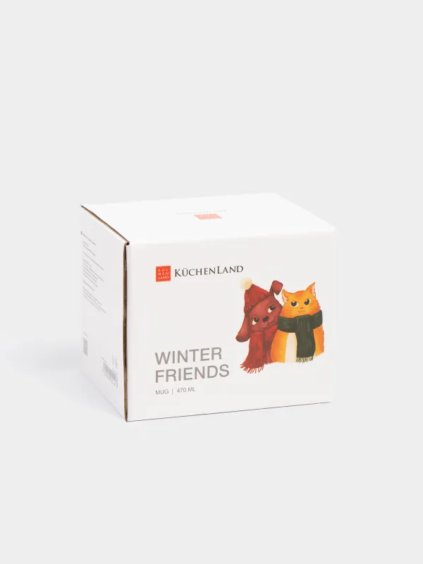 Саптыаяқ, 470 мл, керамика, ақ және жасыл, Шарф таққан мысық пен ит, Winter friends, image-4