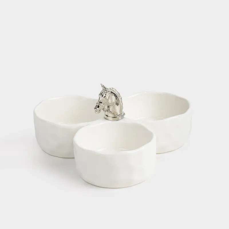 Бөлімі бар тәрелке, сәнделген, 23 см, 3 бөлім, фарфор P/металл, сүт түстес, Жылқы, Horse silver