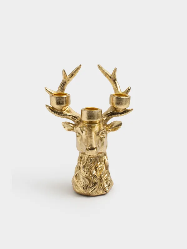 Шырағдан, 21 см, 3 жіңішке шам, полирезин, алтын, Бұғының басы, Deer gold, image-0