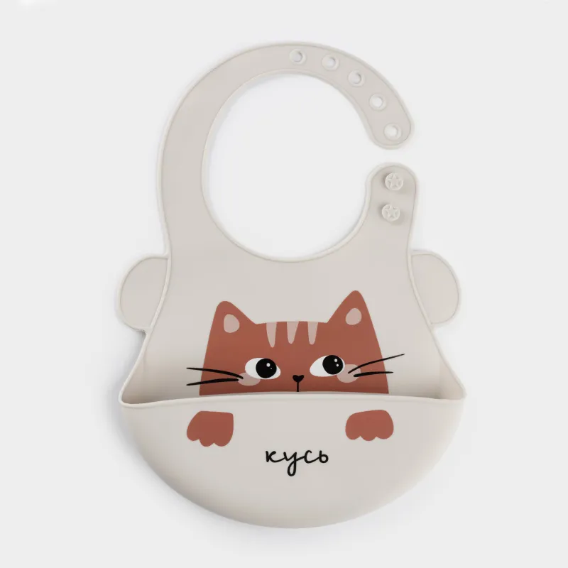 Нагрудник, детский, 28х21 см, с карманом, силикон, серый, Кошка, Kiddy