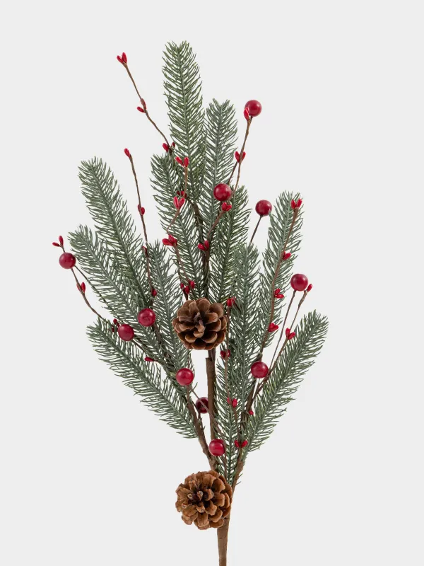 Сәндік бұтақ, 80 см, пластик/пенопласт, Қызыл жидектер мен қылқан инелер, Red berry, image-1