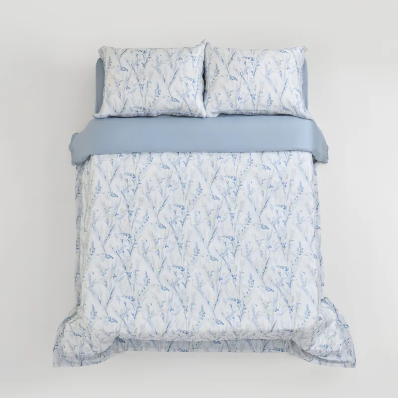 КПБ евро, тенсель 300 ТС, бело-голубой, Полевые цветы, Tencel