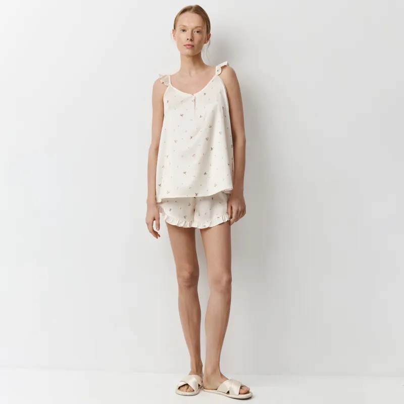 Әйелдер шорттары, үйге арналған, өлшемі L, желбіршектері бар, полиэстер К, сүт түстес, Гүлдер, Roldia