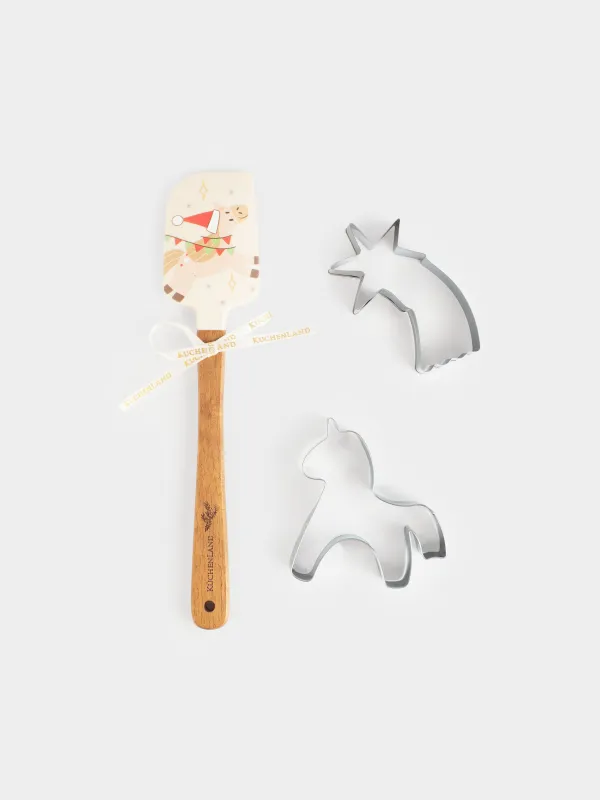 Набор для выпечки, 3 пр, лопатка/формы, силикон/дерево/сталь, Лошадка и кот, Christmas animals, image-0