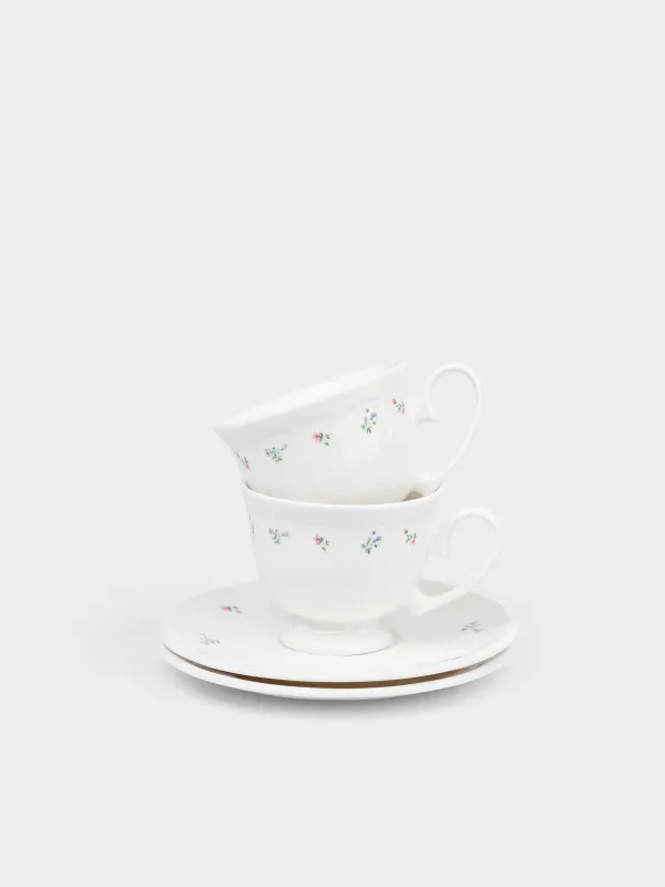Шай жұбы, 2 адам, 4 зат, 180 мл, фарфор N, ақ, Нәзік гүлдер, El floria, image-0