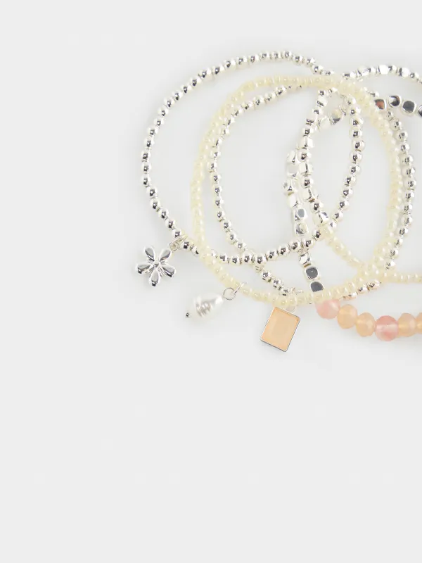 Білезіктер жинағы, 18 см, 5 дана, металл/пластик/шыны, сүт түстес, Гүл, Pearl color, image-1