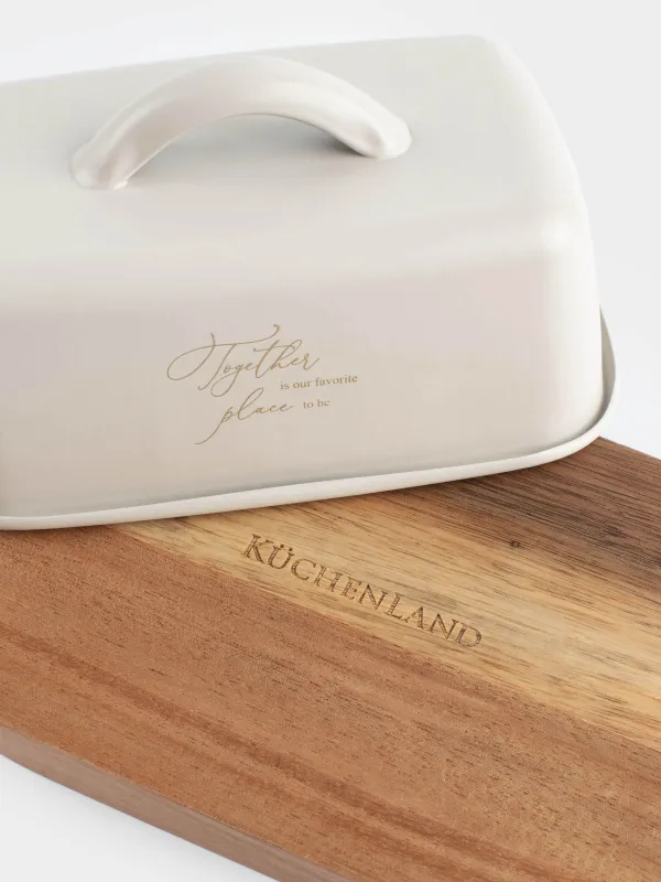 Сары май ыдысы, 17 см, керамика/тікбұрышты ағаш, сүт түстес, Ritlen, image-3