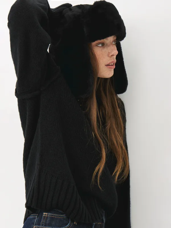 Әйелдер құлақшын-бас киімі, бірыңғай өлшем, жасанды үлбір, қара, Furry, image-1