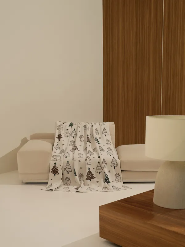Плед, 130х170 см, полиэстер/хлопок, молочно-зеленый, Елки и дома, Tree, image-6