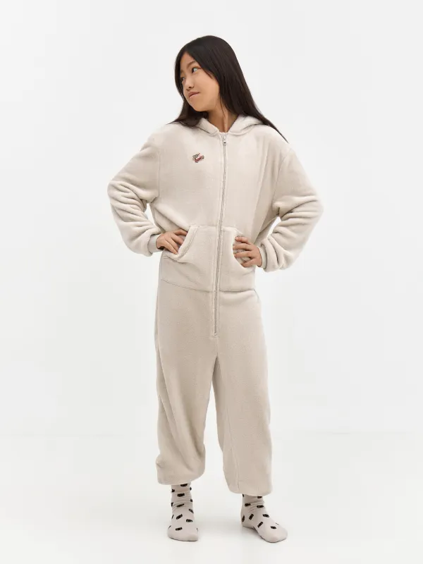 Комбинезон детский, домашний, с капюшоном, флис, бежевый, Кот, Annie, image-0