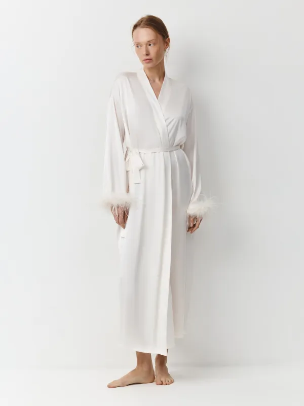 Әйелдер халаты, үйге арналған, өлшемі M, ұзын жеңді, полиэстер/қауырсын, сүт түстес, Adria, image-1
