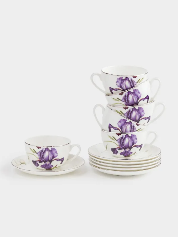 Шай жұбы, 6 адам, 12 зат, 300 мл, фарфор F, күміс жиектері бар, Құртқашаш, Antarctica Flowers, image-0