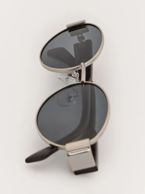 Очки солнцезащитные, металл/пластик, с футляром для очков, овальные, серебристо-серые, Round, image-2