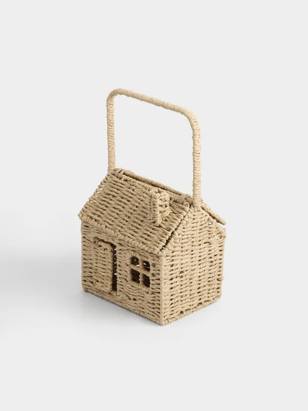 Корзина для хранения, 20х15 см, плетеная, с ручкой, с крышкой, целлюлоза, Дом, Braided, image-1
