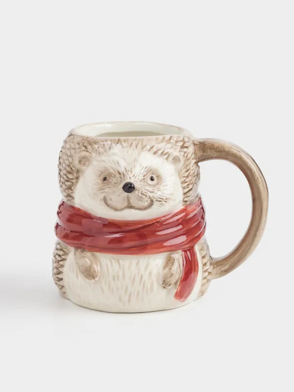 Кружка, 440 мл, керамика, молочно-коричневая, Еж в шарфе, Forest animals, image-0