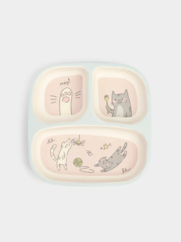 Түскі ас тәрелкесі, балаларға арналған, 18 см, 3 бөлік, бамбук, Мамыргүл-көк, Мысықтар, Pretty friends, image-0