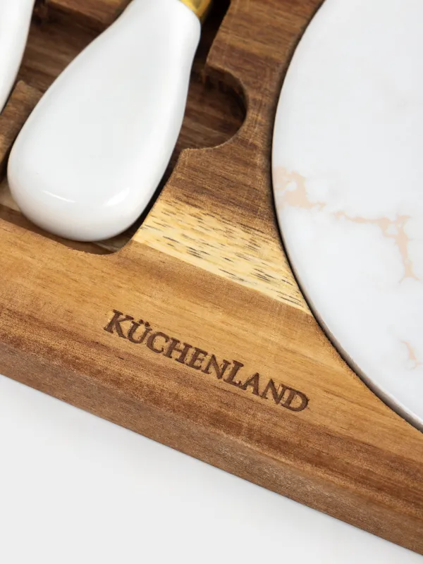 Ірімшікке арналған жиынтық, 5 зат, тұғырдағы ыдыс, болат/мәрмәр/ағаш, алтын түстес, Cheese gold, image-4