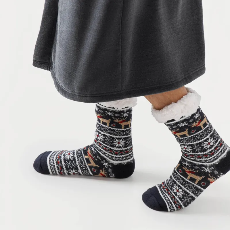 Ерлер шұлықтары, үйге арналған, өлшемі 39-42, акрил/полиэстер/шерпа, көк, Қысқы өрнек, Hot winter