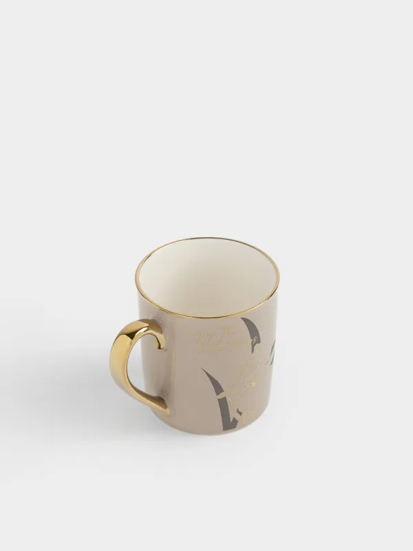 Кружка, 300 мл, фарфор N, бежево-золотистая, с золотистым кантом, Ирисы, Flower gold, image-1