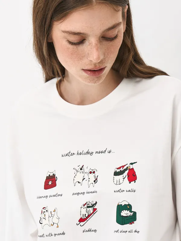 Әйелдерге арналған лонгслив, өлшемі S, мақта, сүт түстес, Жаңа жылдық тілектер тізімі, Limva, image-4