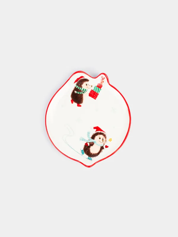 Тарелка закусочная, 21 см, керамика D, белая, Ежи с подарками, Hedgehog christmas, image-0