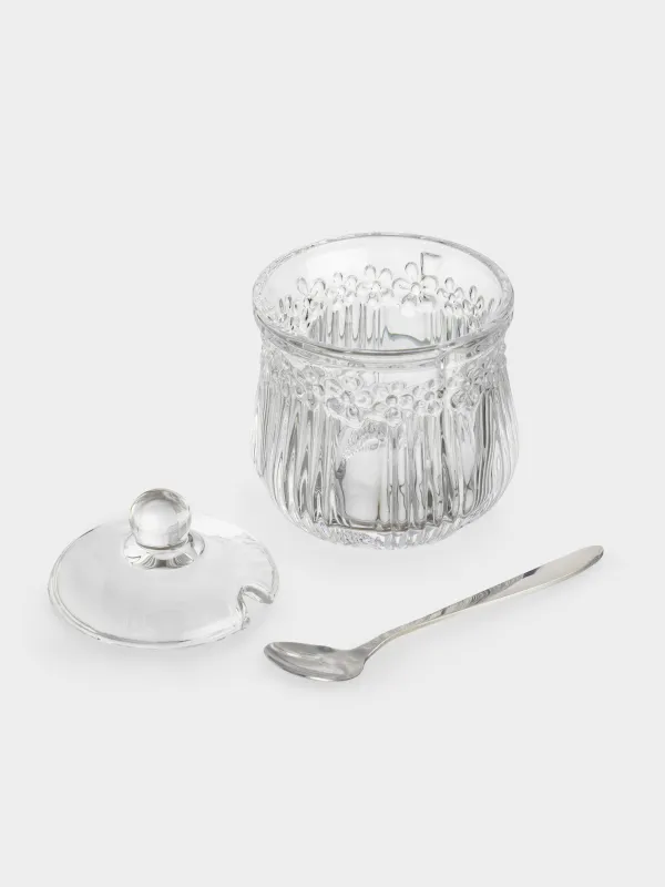 Қант ыдысы, 11 см, 350 мл, қасығы бар, шыны Р/металл, Гүлдер, Clear pattern, image-2